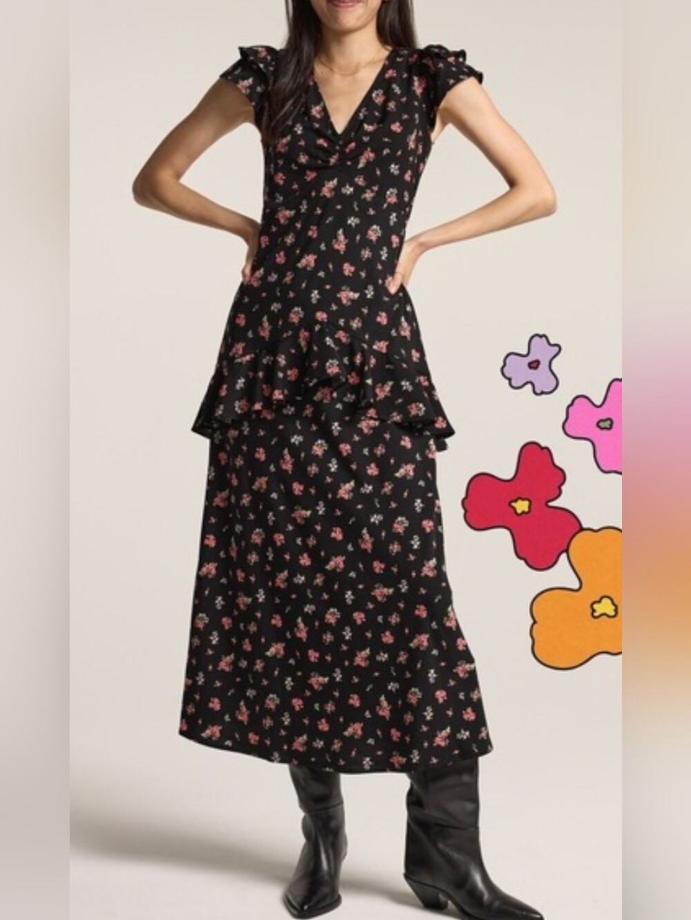 NWT Old Navy Anna Sui Crepe V-Neck Ruffle Maxi Dress Black Multi Floral Size 2X